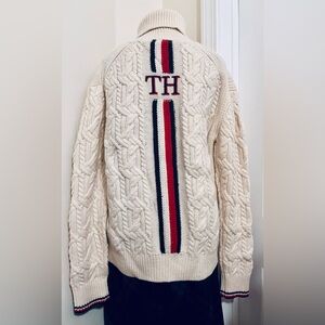 Tommy Hilfiger Ivory Turtleneck Sweater with Red and Black Stripes